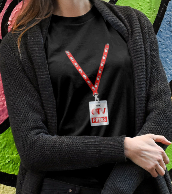QT Marshall AEW QTV Press Pass Badge With Red Lanyard T-Shirt