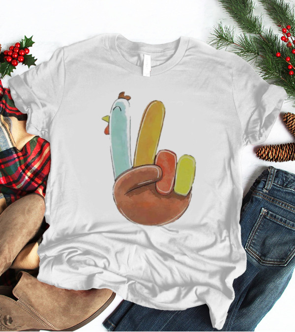 Thanksgiving Hand Gesture Cute Turkey Peace Sign Holiday Fun T-Shirt