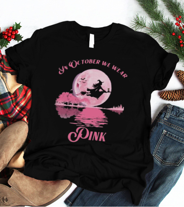 In October We Wear Pink Witch Halloween Moon Breast Cancer Awareness T-Shirt