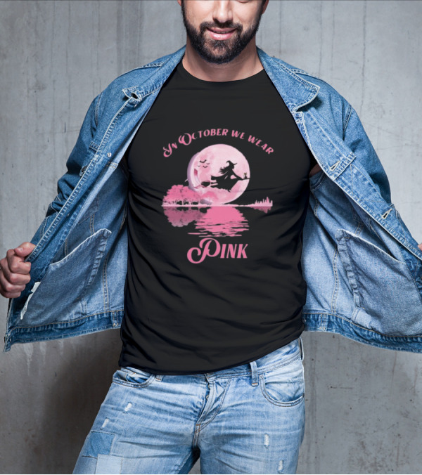 In October We Wear Pink Witch Halloween Moon Breast Cancer Awareness T-Shirt