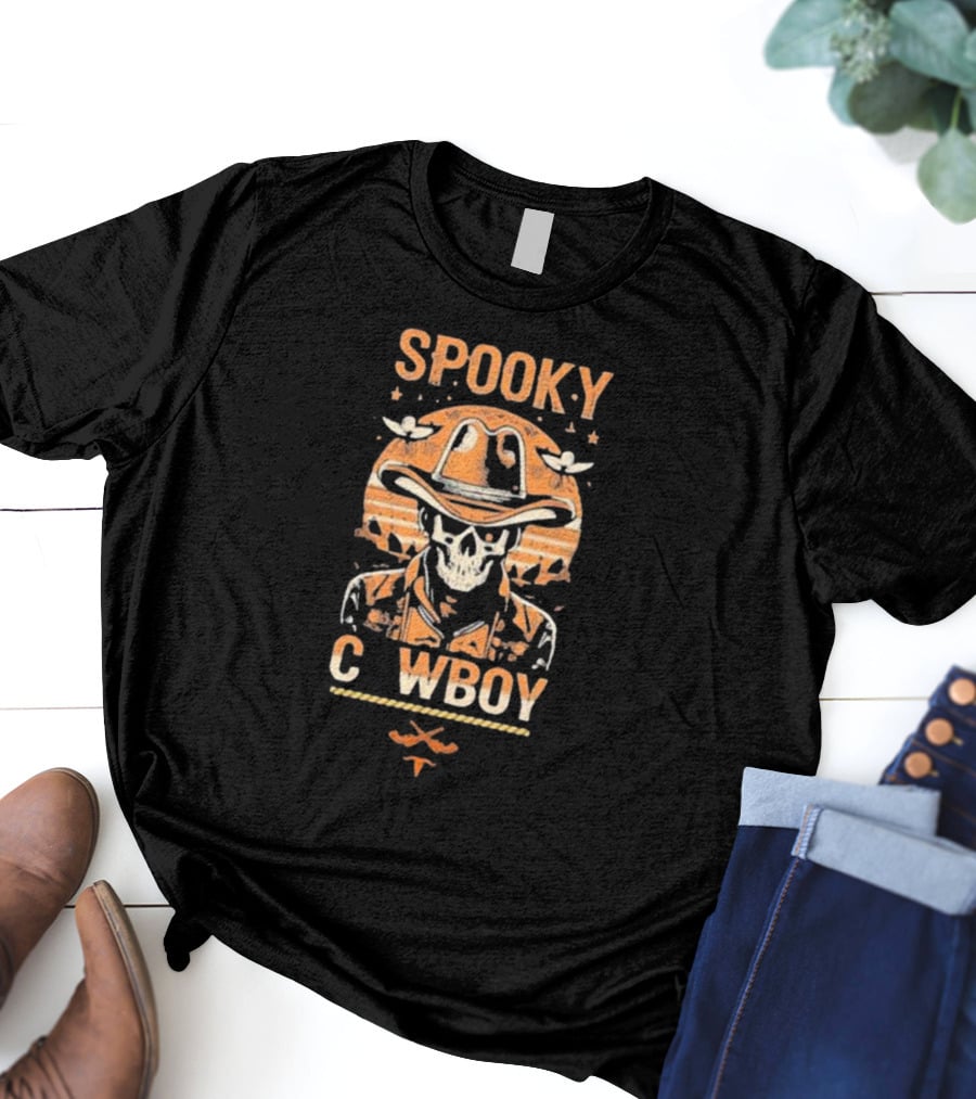 Spooky Cowboy Skeleton Skull In Hat With Sunset Trick Or Treat Halloween T-Shirt