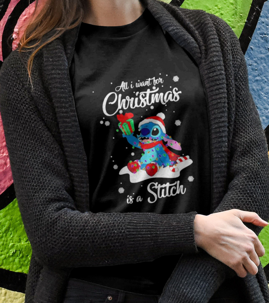 All I Want For Christmas Is A Stitch With Present And Snowflakes T-Shirt