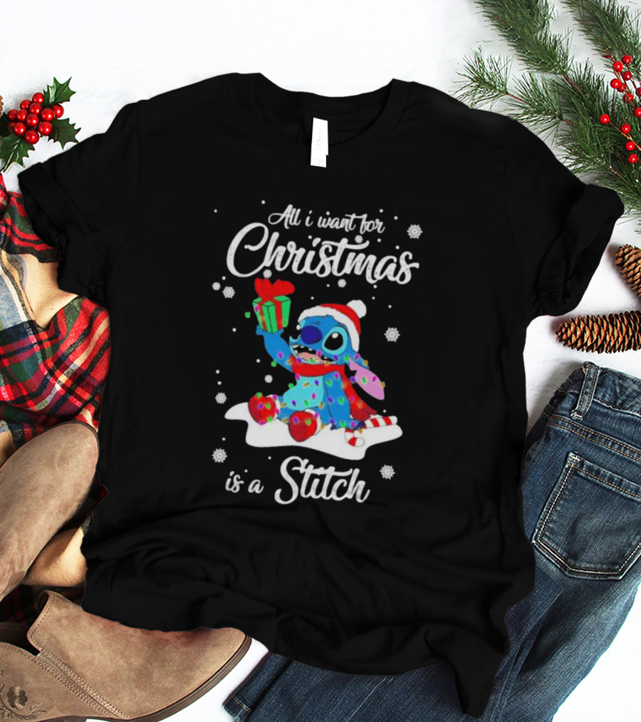 All I Want For Christmas Is A Stitch With Present And Snowflakes T-Shirt