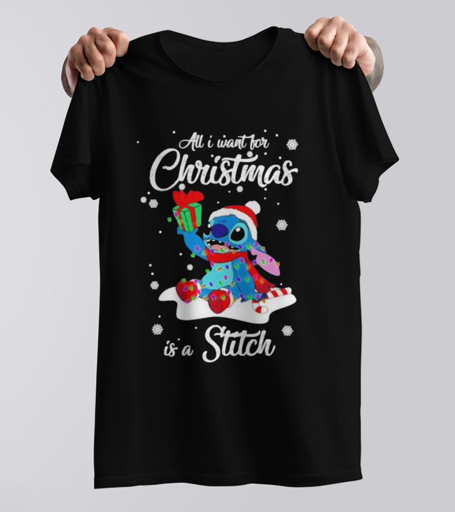 All I Want For Christmas Is A Stitch With Present And Snowflakes T-Shirt