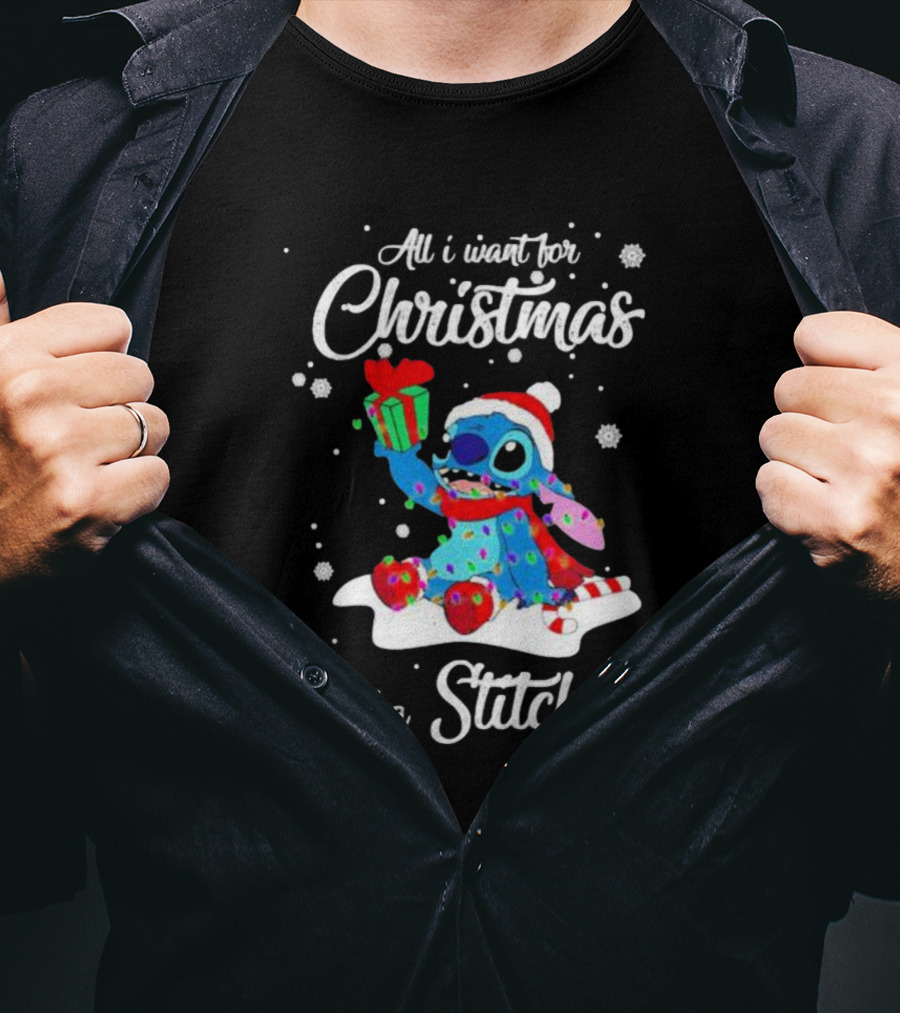 All I Want For Christmas Is A Stitch With Present And Snowflakes T-Shirt