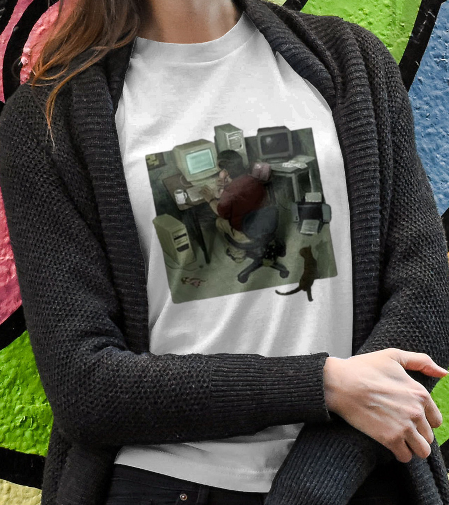 Ollie Jones Freelancer At Computer With Cat In Home Office Scene T-Shirt