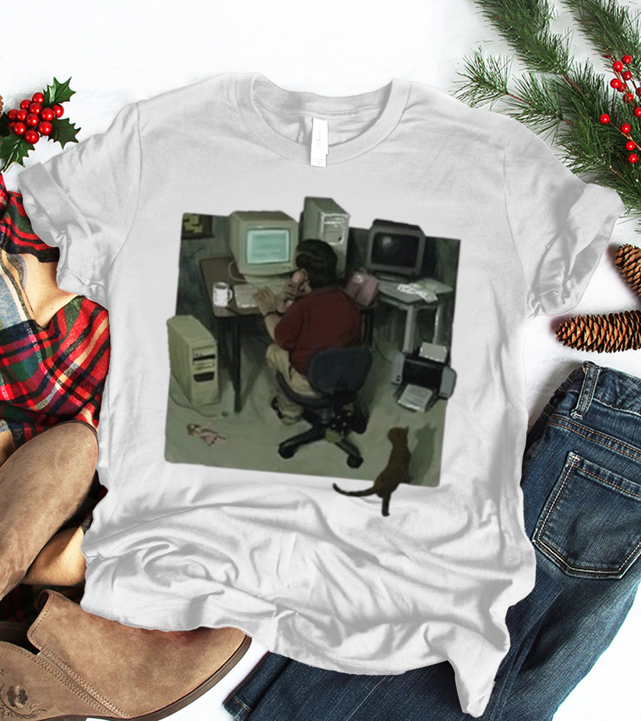 Ollie Jones Freelancer At Computer With Cat In Home Office Scene T-Shirt