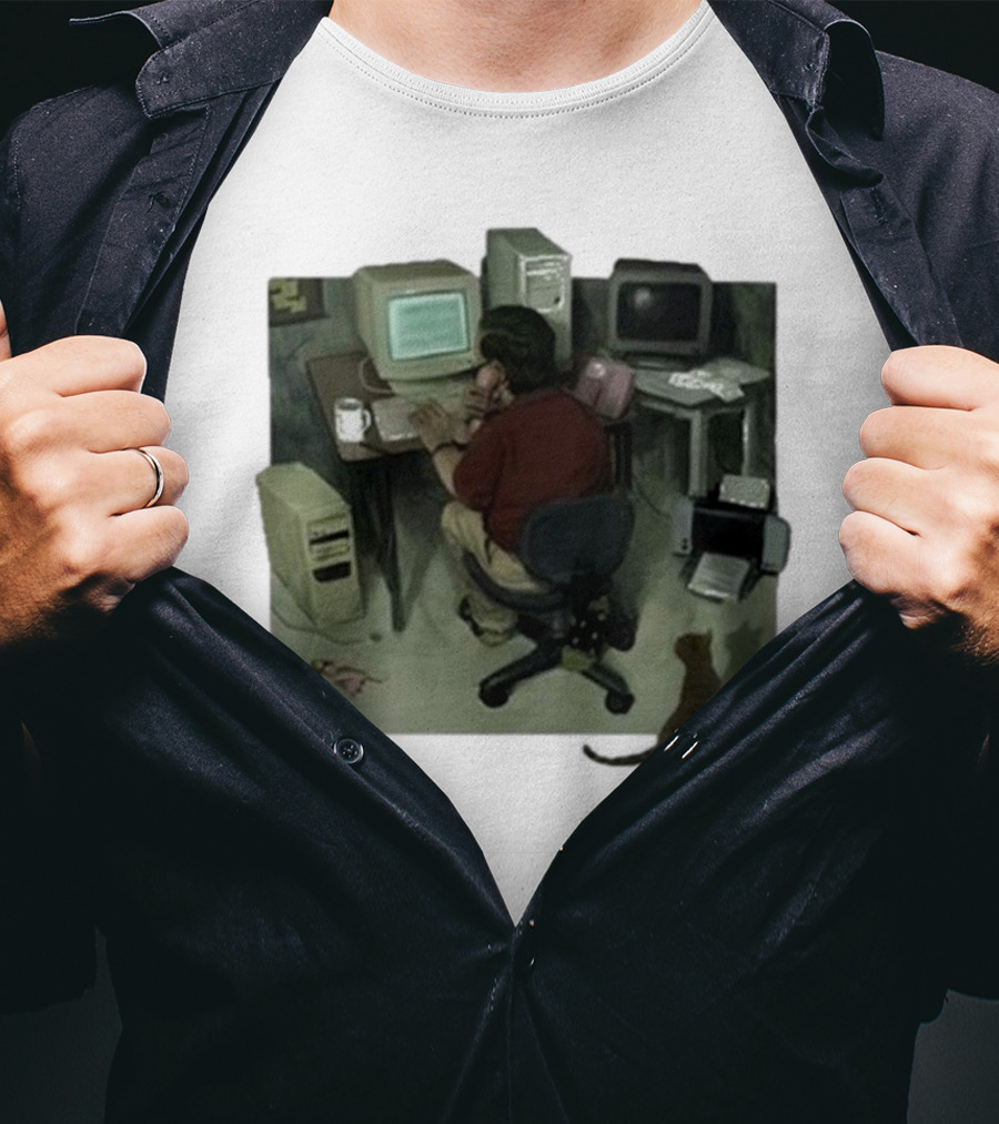 Ollie Jones Freelancer At Computer With Cat In Home Office Scene T-Shirt