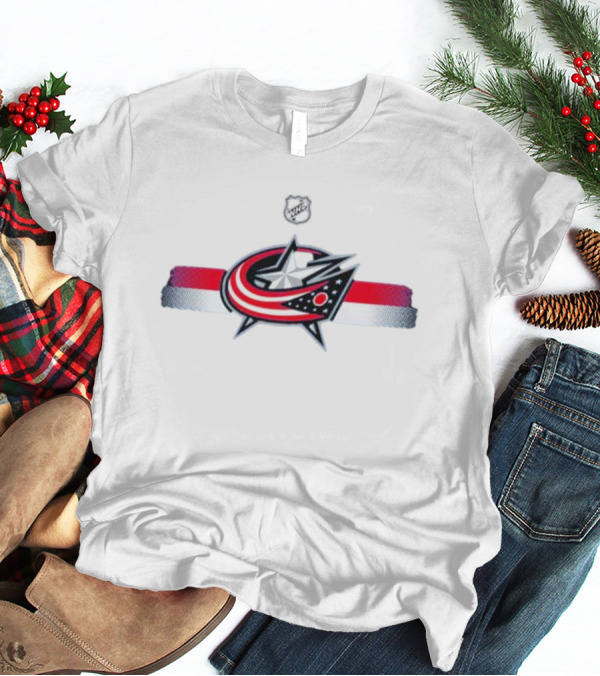 NHL Columbus Blue Jackets Emblem With Red White Blue Stripes T-Shirt