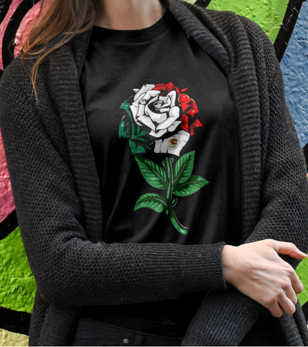 Rose In Colors Of Mexican Flag With Emblem T-Shirt
