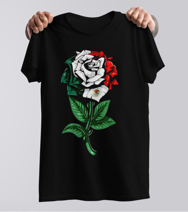 Rose In Colors Of Mexican Flag With Emblem T-Shirt