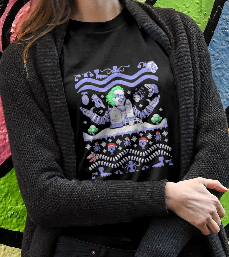 Christmas Beetlejuice Snowy House Scene And Ghostly Icons T-Shirt