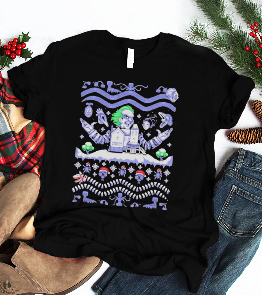 Christmas Beetlejuice Snowy House Scene And Ghostly Icons T-Shirt