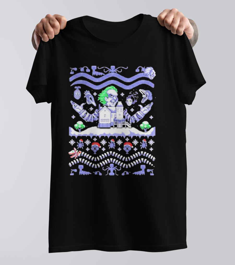 Christmas Beetlejuice Snowy House Scene And Ghostly Icons T-Shirt