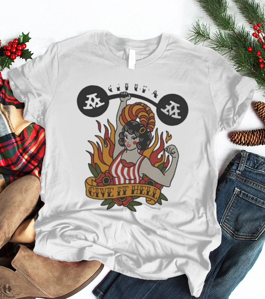 Get Up Give It Hell Retro Strongwoman Flames Barber Pole Haircurl Stripes Roses Boxing Gym Vintage T-Shirt