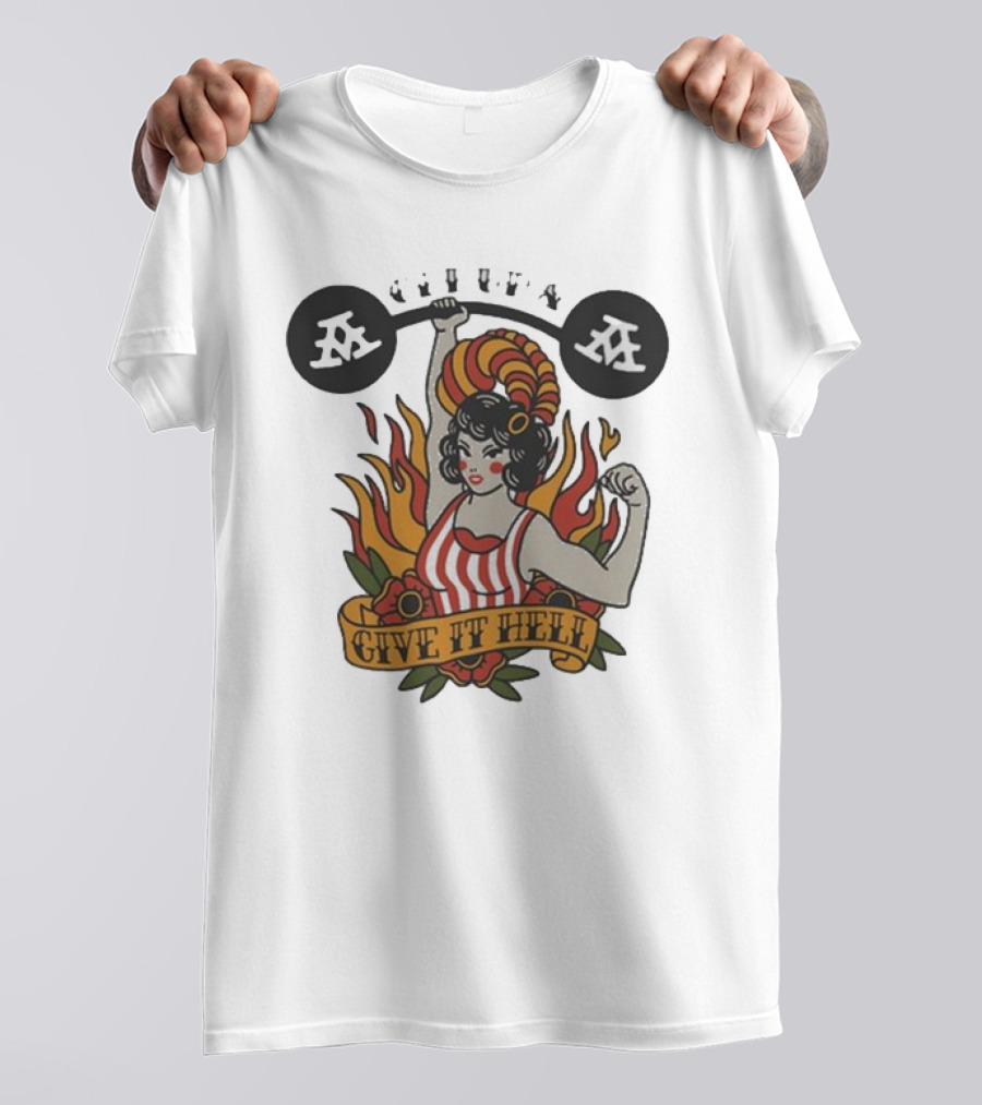 Get Up Give It Hell Retro Strongwoman Flames Barber Pole Haircurl Stripes Roses Boxing Gym Vintage T-Shirt