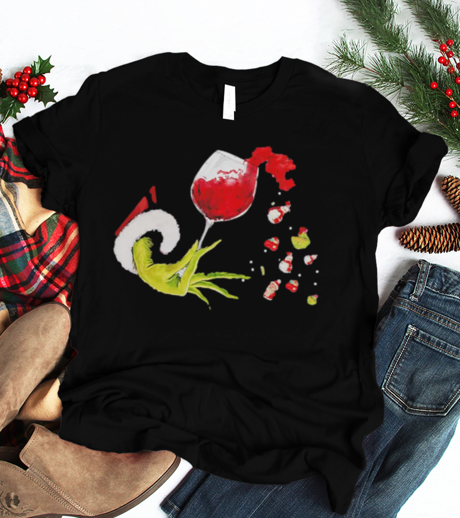 Grinch Hand Christmas Wine Glass Festive Holiday T-Shirt