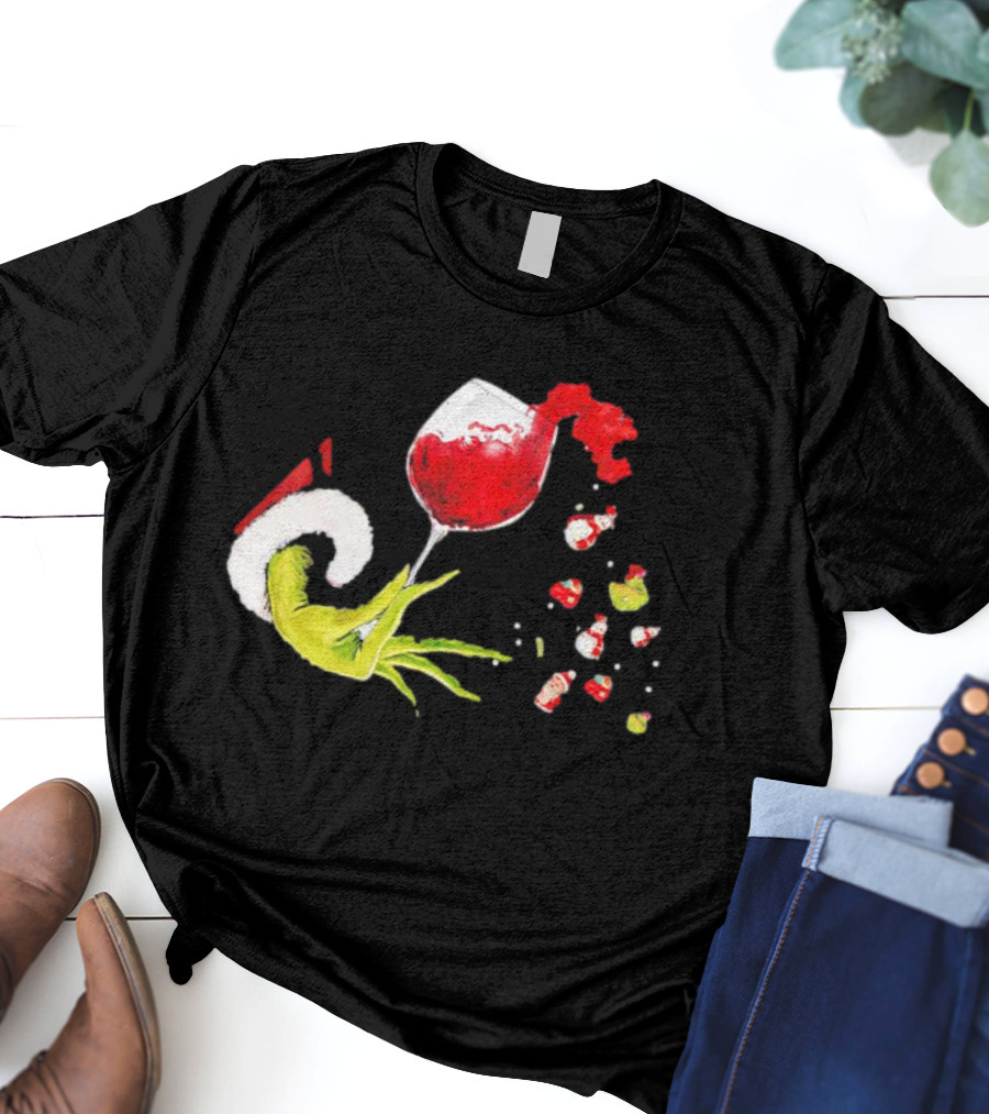 Grinch Hand Christmas Wine Glass Festive Holiday T-Shirt