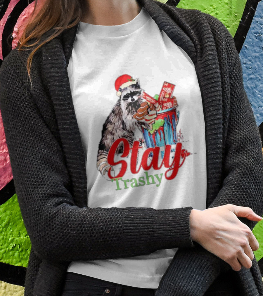 Stay Trashy Christmas Raccoon Xmas Lover With Santa Hat T-Shirt