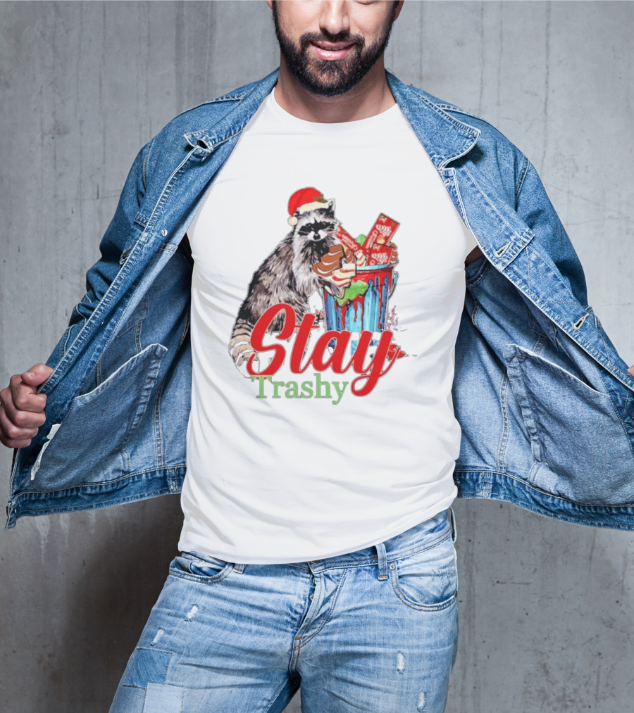 Stay Trashy Christmas Raccoon Xmas Lover With Santa Hat T-Shirt