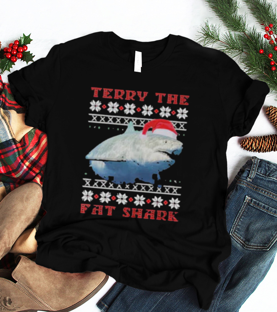 Terry The Fat Shark Christmas Santa Hat Snowflake T-Shirt