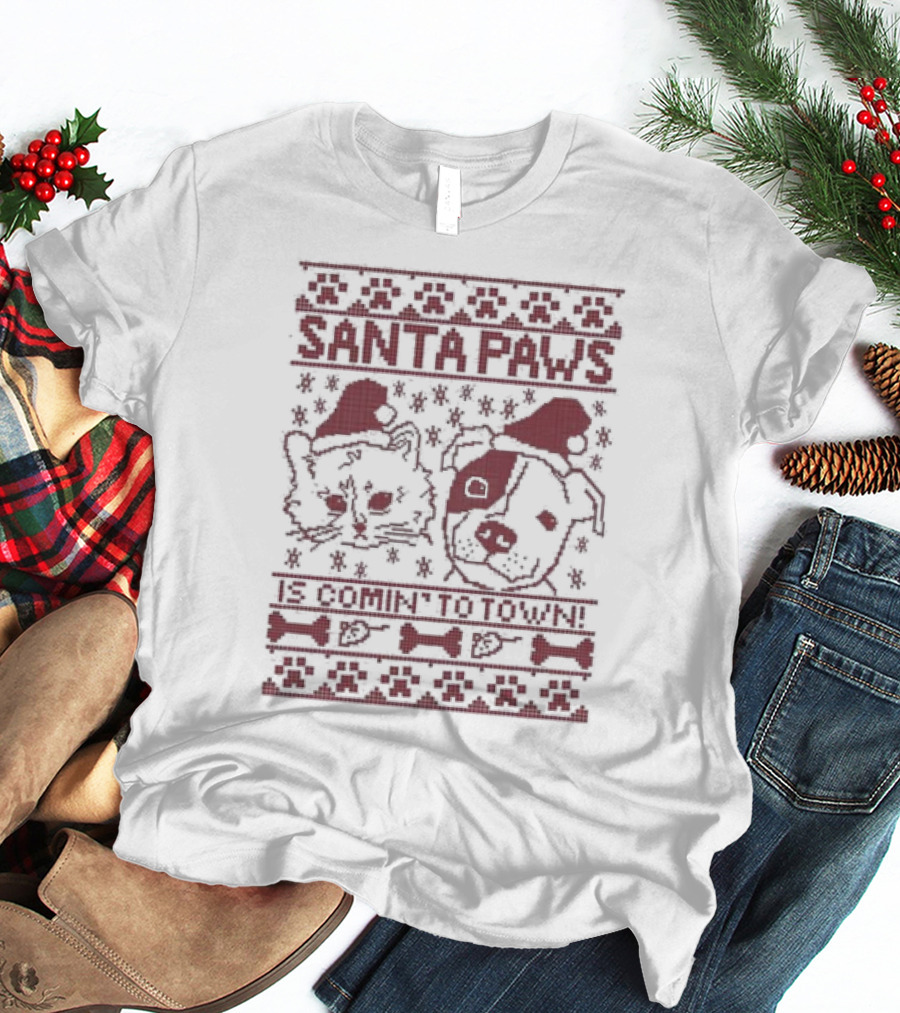 Santa Paws Cat And Dog Christmas Sweater Is Comin' To Town T-Shirt