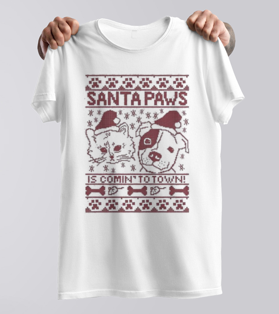 Santa Paws Cat And Dog Christmas Sweater Is Comin' To Town T-Shirt