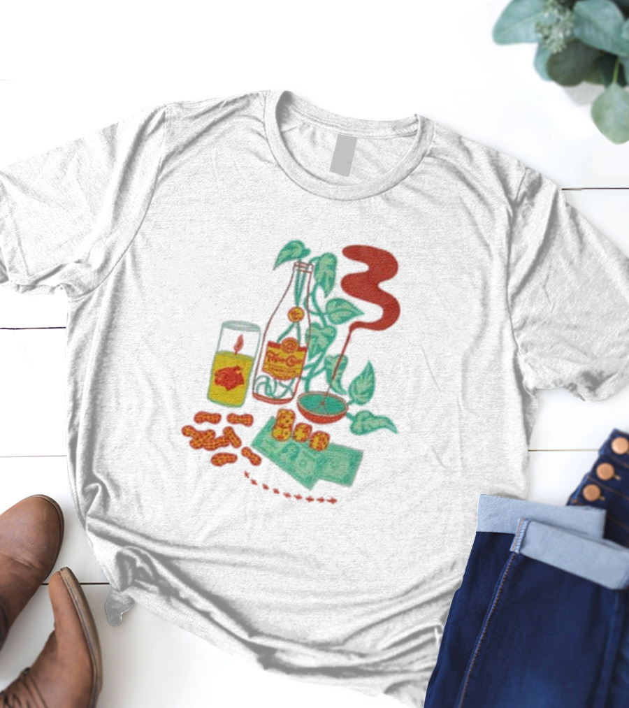 Quarenscene Natural Topo Chico Bottle With Dice, Peanuts, Dollar Bills, Glass, And Smoking Pipe Scene T-Shirt