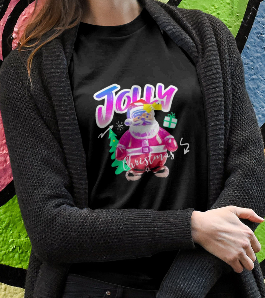 Jolly Merry Christmas Santa Balloon With Gift And Christmas Tree T-Shirt