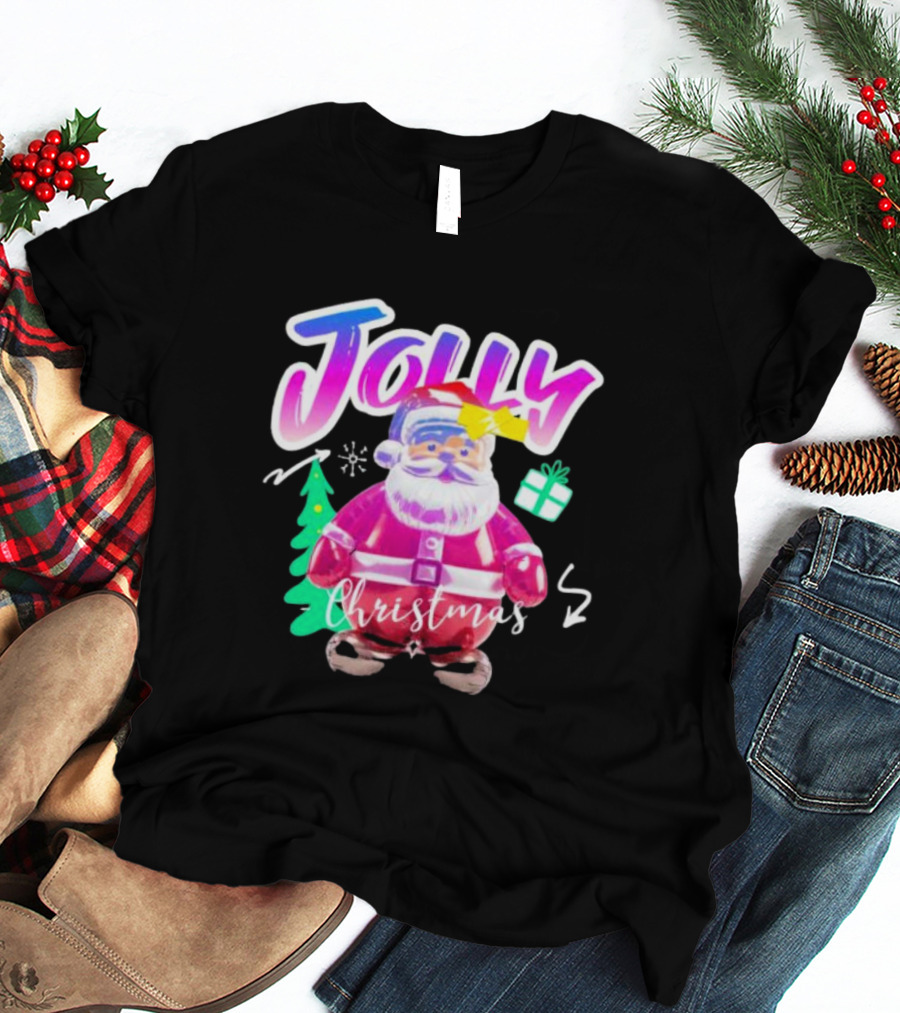 Jolly Merry Christmas Santa Balloon With Gift And Christmas Tree T-Shirt