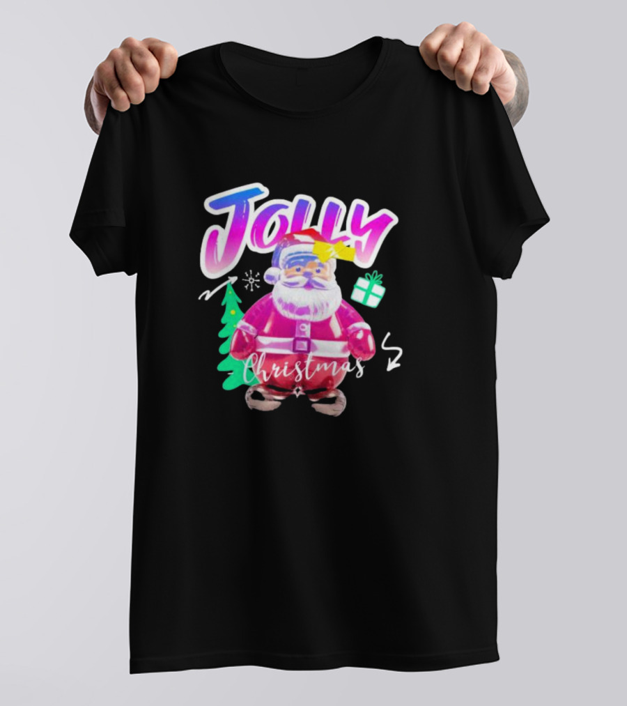 Jolly Merry Christmas Santa Balloon With Gift And Christmas Tree T-Shirt
