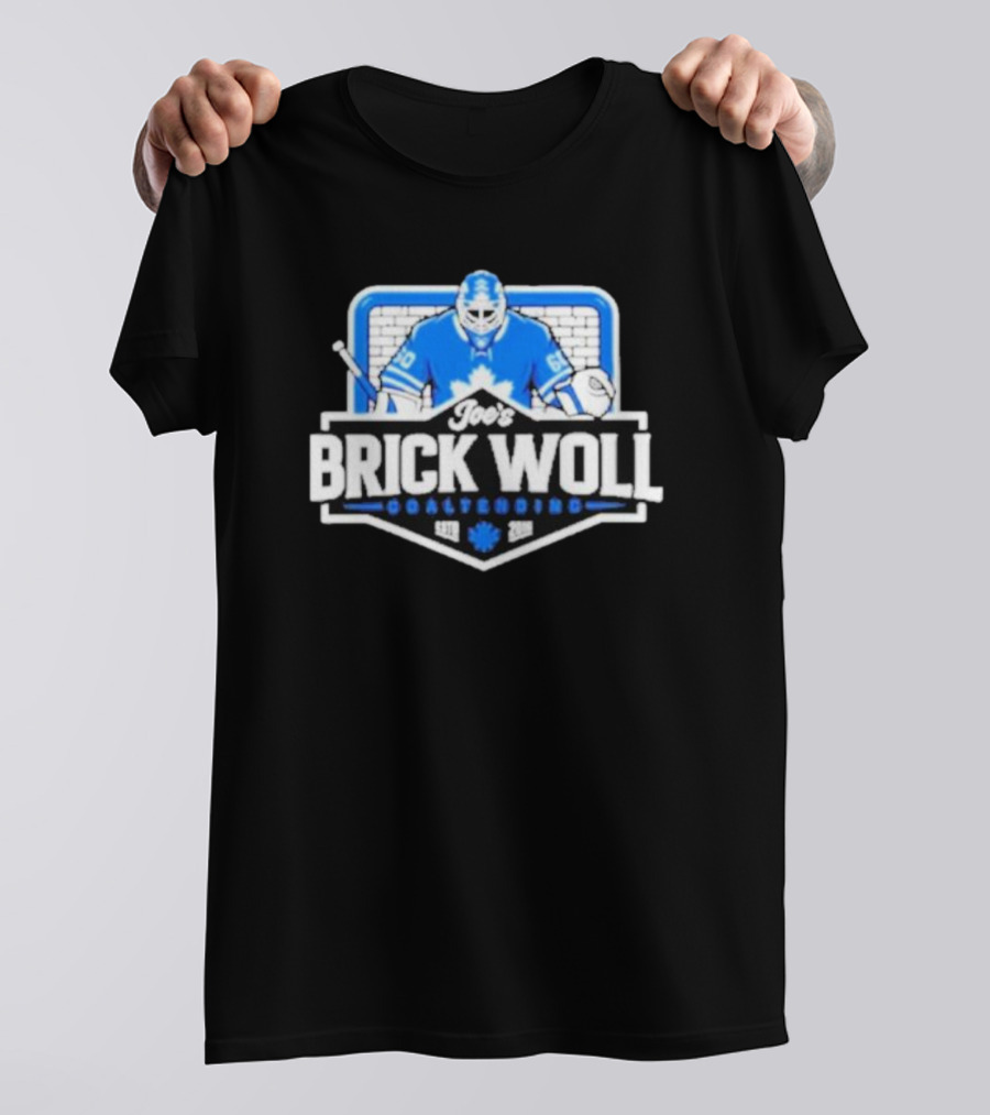 Joe's Brick Woll Goaltending Hockey Maple Leafs 60 Blue Goalie Blocking Net T-Shirt