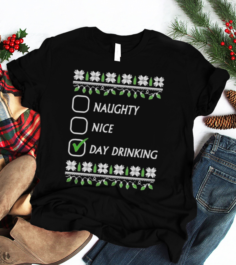 Naughty Nice Day Drinking Christmas Floral Checklist T-Shirt