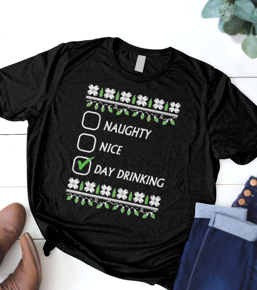 Naughty Nice Day Drinking Christmas Floral Checklist T-Shirt