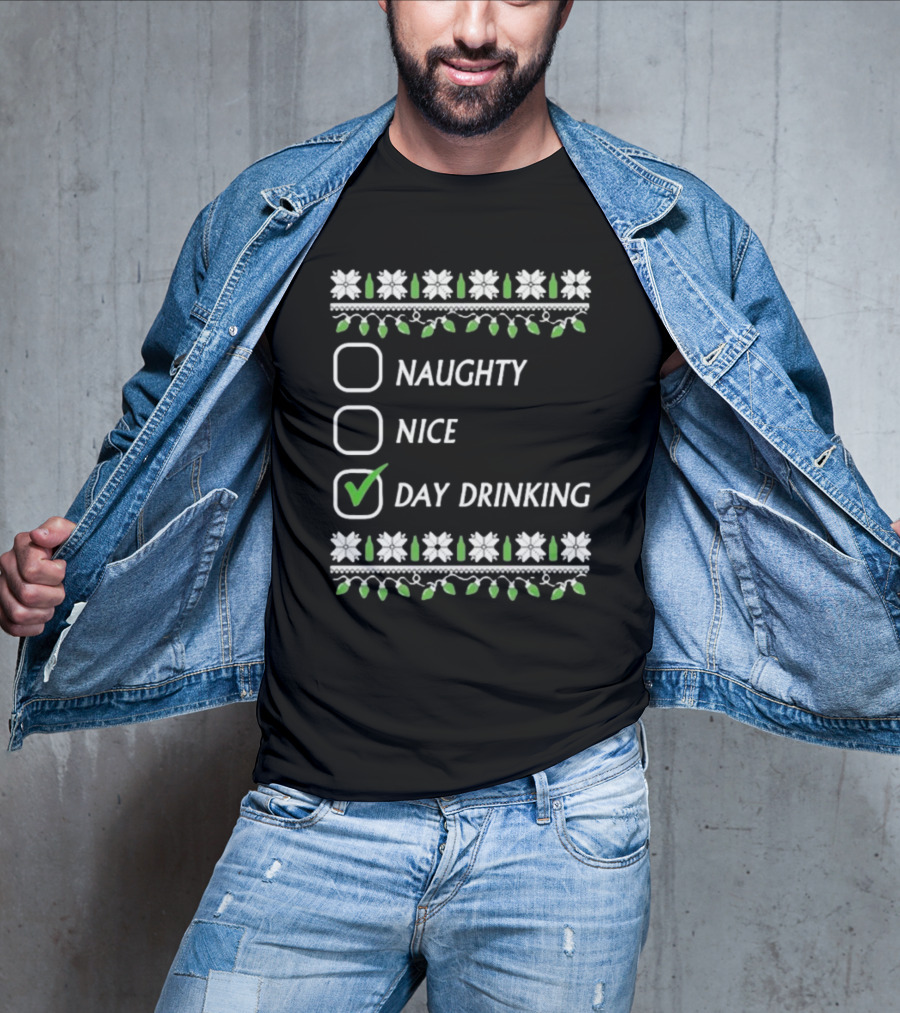 Naughty Nice Day Drinking Christmas Floral Checklist T-Shirt