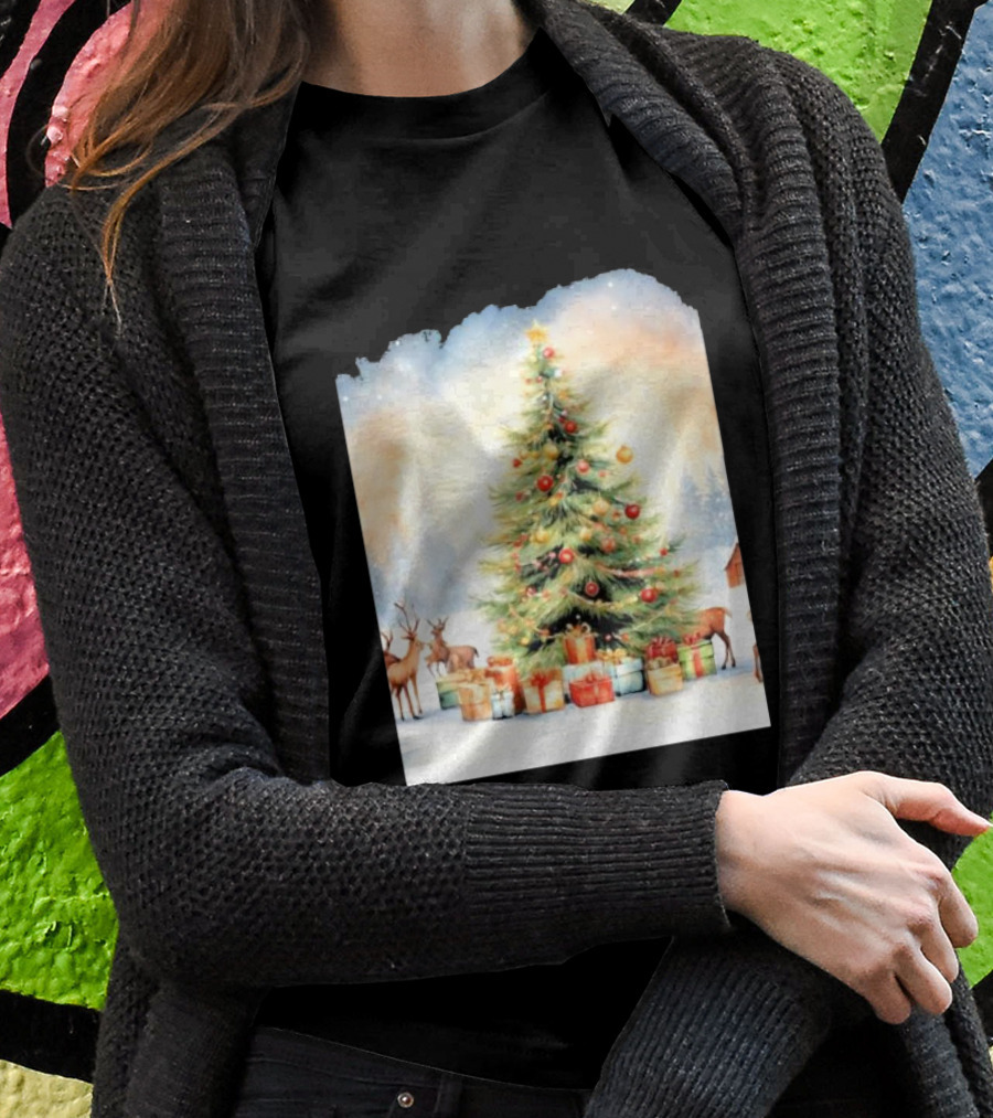 Watercolor Christmas Tree With Reindeer And Presents Scene T-Shirt