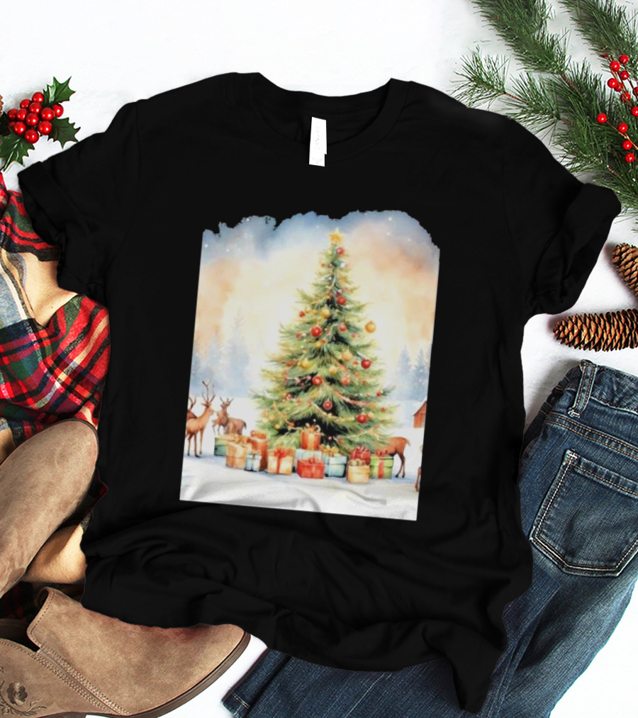 Watercolor Christmas Tree With Reindeer And Presents Scene T-Shirt
