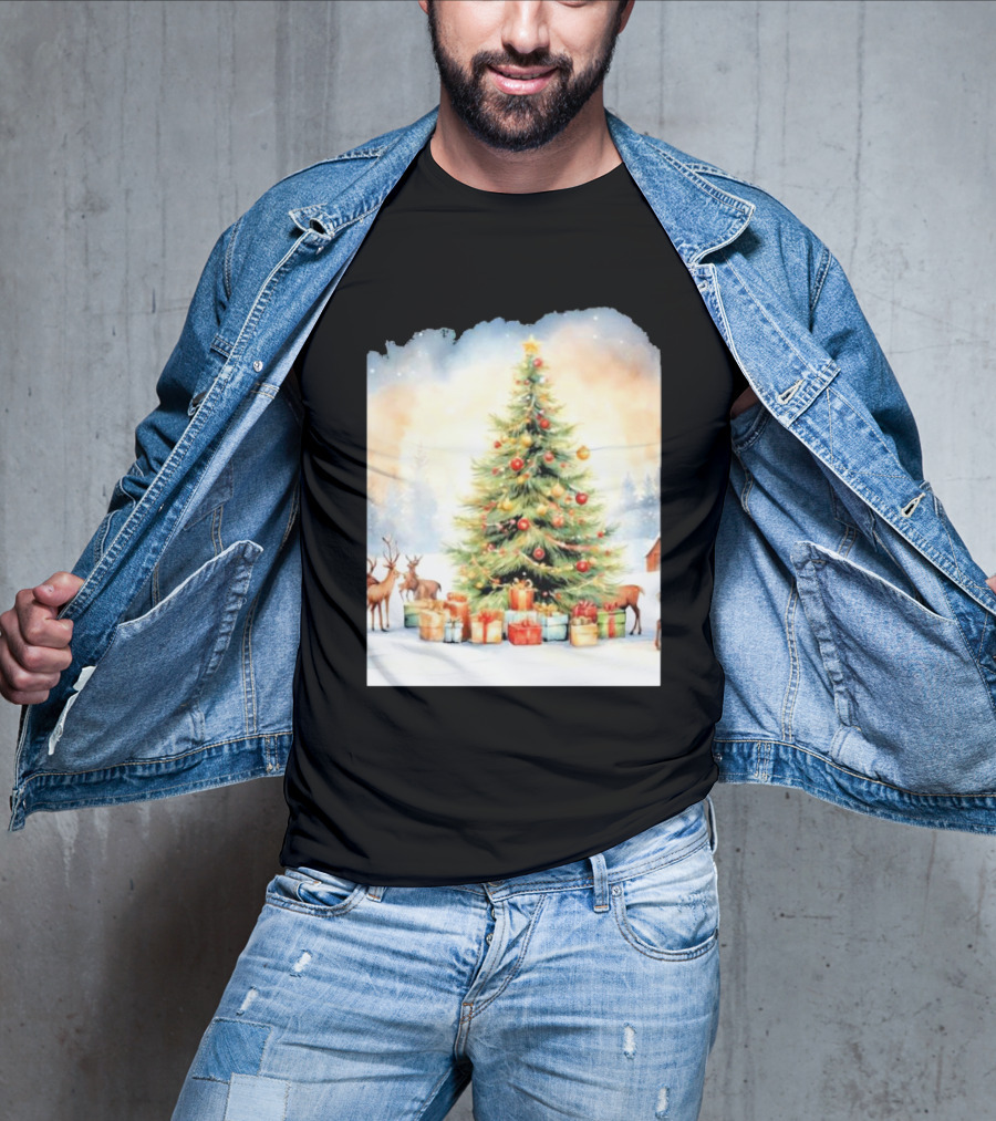 Watercolor Christmas Tree With Reindeer And Presents Scene T-Shirt