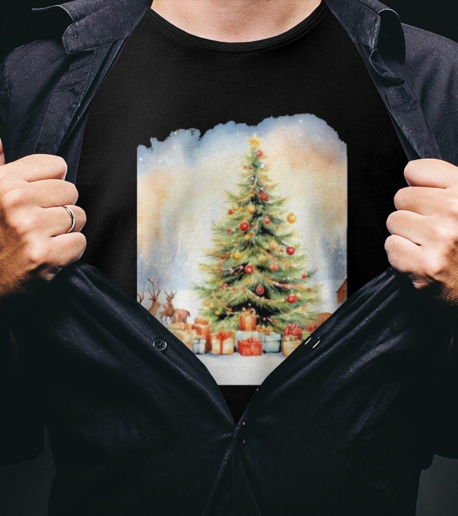 Watercolor Christmas Tree With Reindeer And Presents Scene T-Shirt