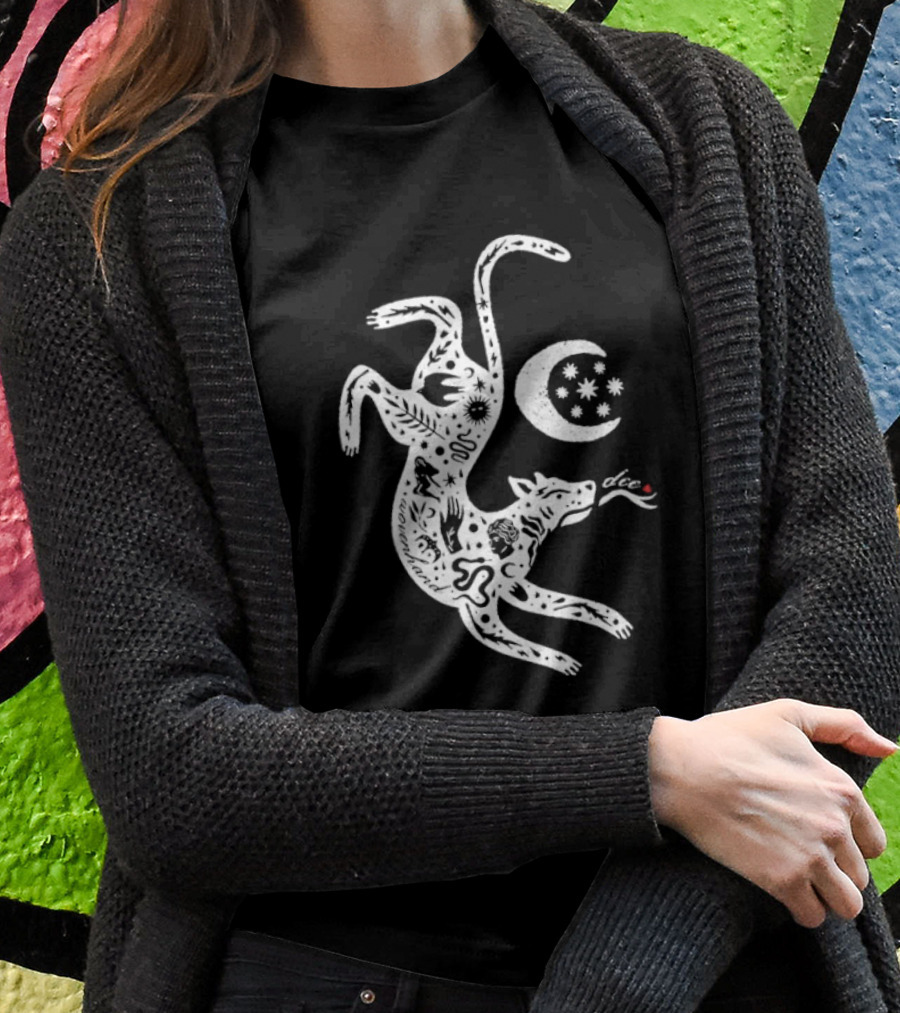 Wovenhand Alchemist Wolf With Stars And Crescent Moon T-Shirt