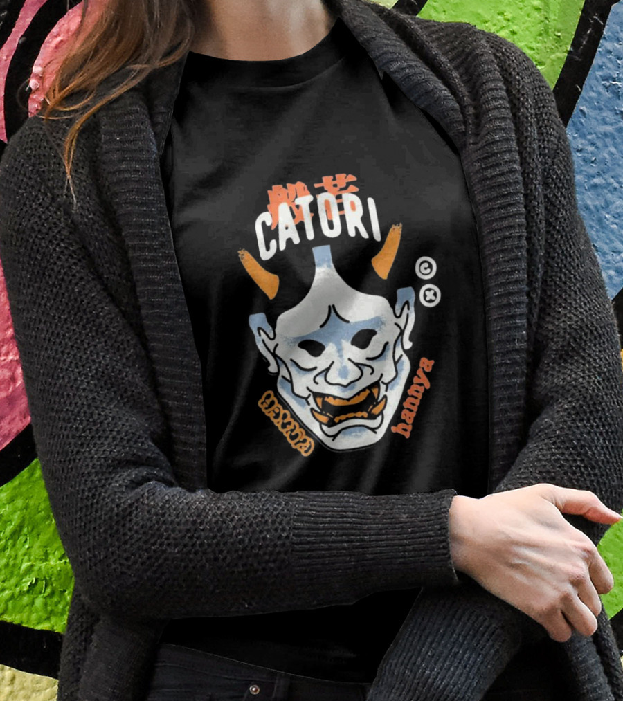 Catori Hannya Mask Face Copyright Symbol Orange Horns T-Shirt