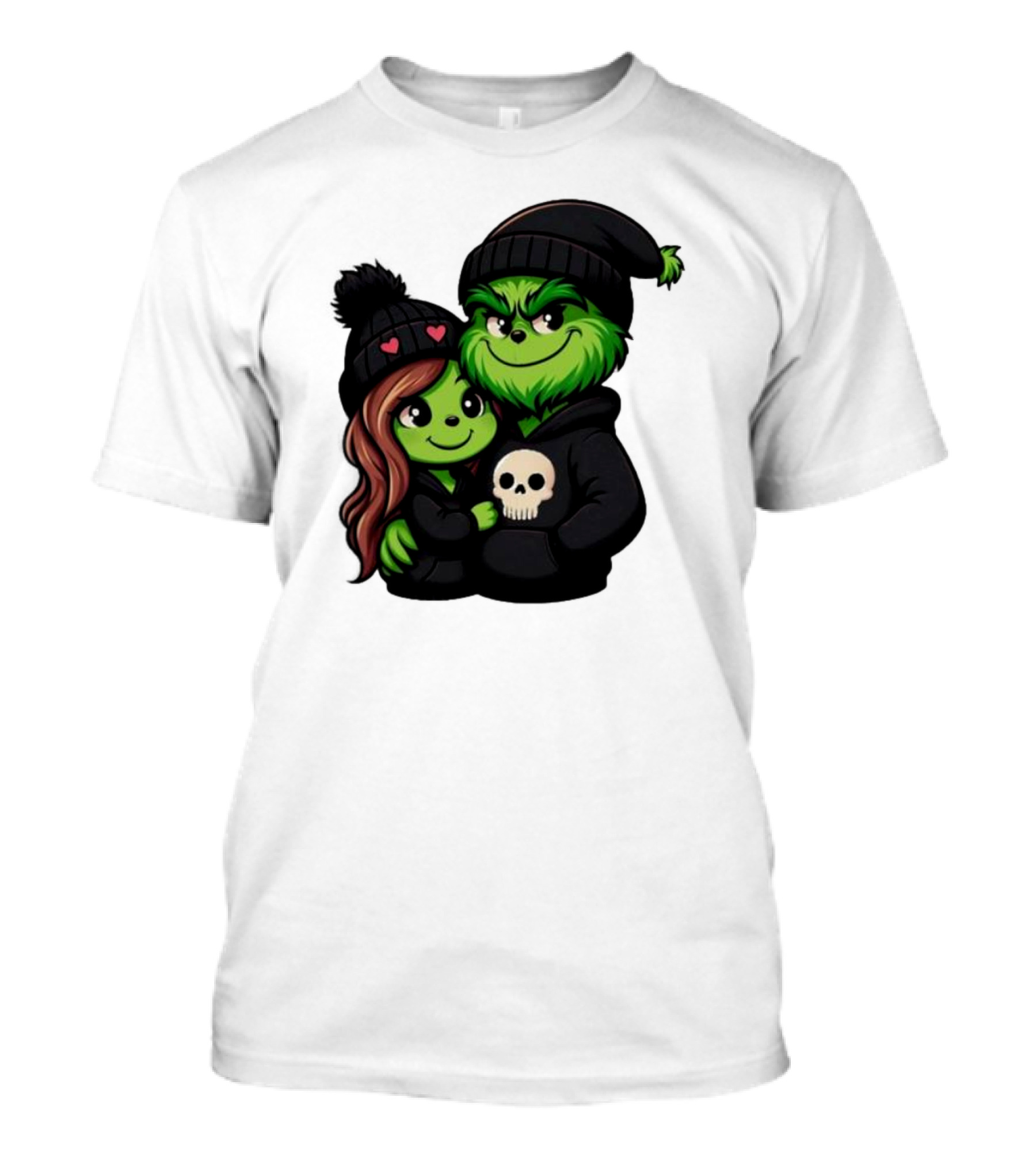 Cute Grinch And Girlfriend In Black Beanies With Skull Hoodie And Heart Details T-Shirt