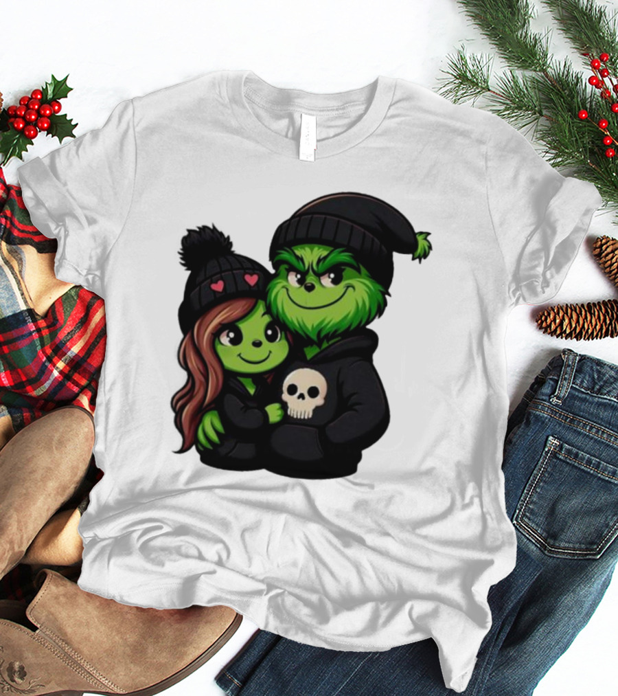 Cute Grinch And Girlfriend In Black Beanies With Skull Hoodie And Heart Details T-Shirt