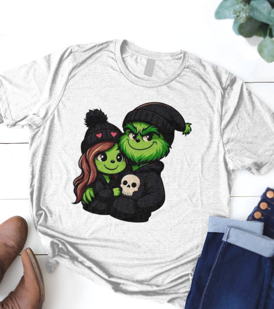 Cute Grinch And Girlfriend In Black Beanies With Skull Hoodie And Heart Details T-Shirt