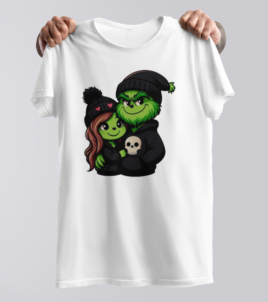 Cute Grinch And Girlfriend In Black Beanies With Skull Hoodie And Heart Details T-Shirt