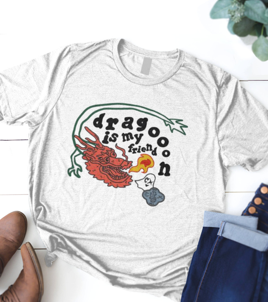 Dragoon Is My Friend Fire Breathing Dragon With Abstract Cloud And Leafy Vine T-Shirt