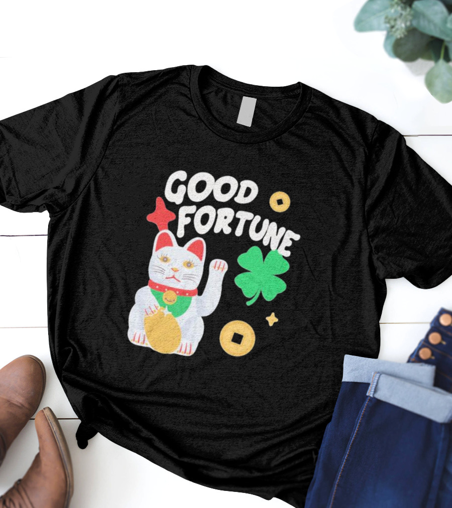Good Fortune Cat With Clover And Coins T-Shirt