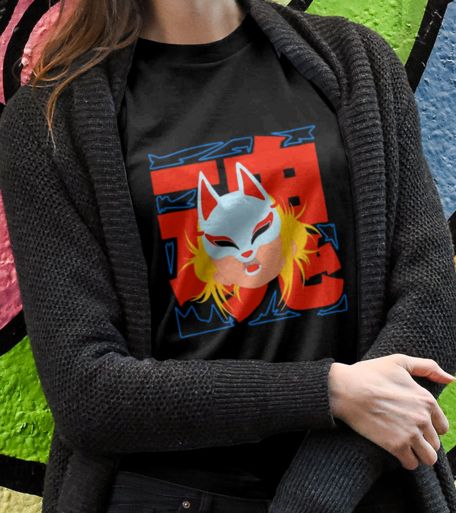 Kitsune Catori Mask With Red Kanji And Blond Hair T-Shirt