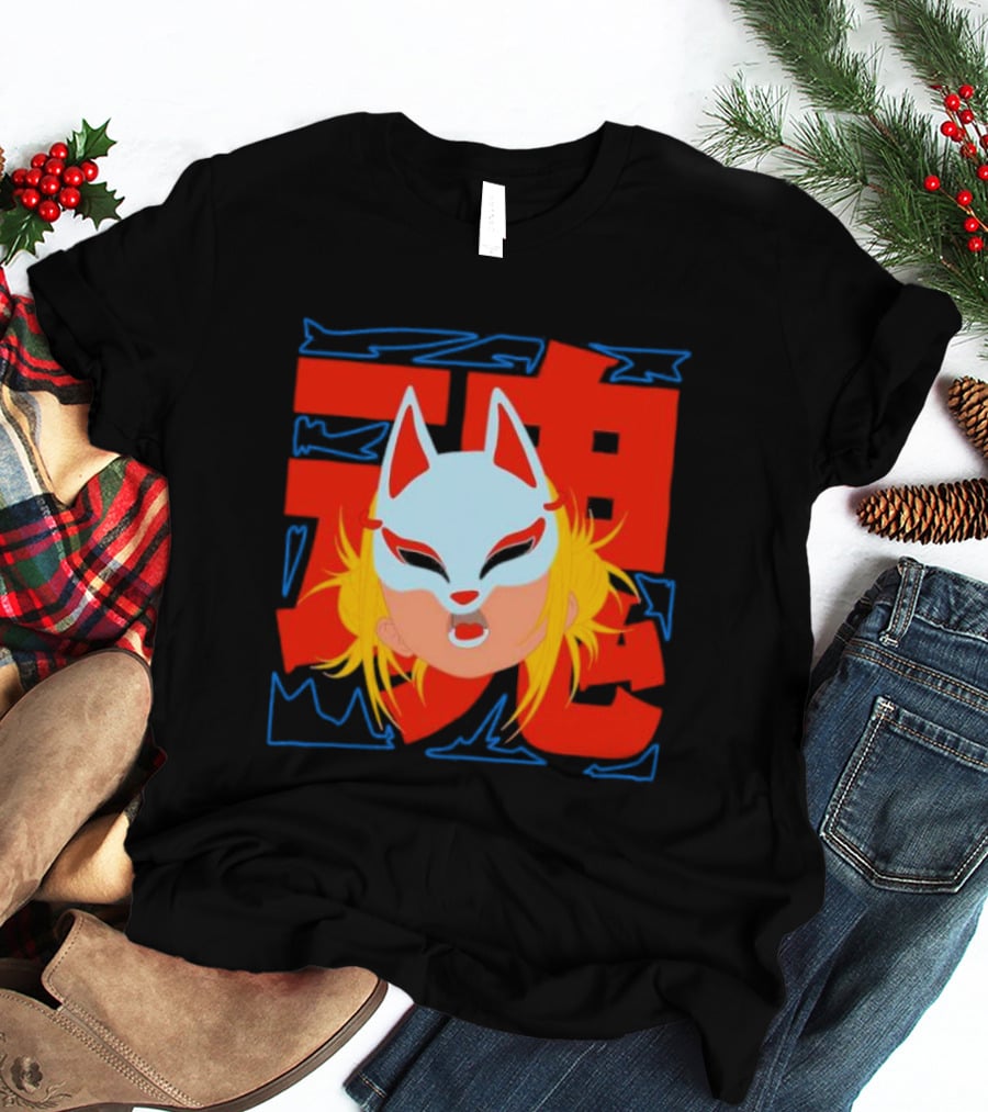 Kitsune Catori Mask With Red Kanji And Blond Hair T-Shirt