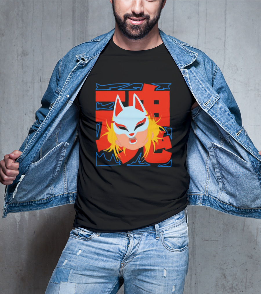 Kitsune Catori Mask With Red Kanji And Blond Hair T-Shirt